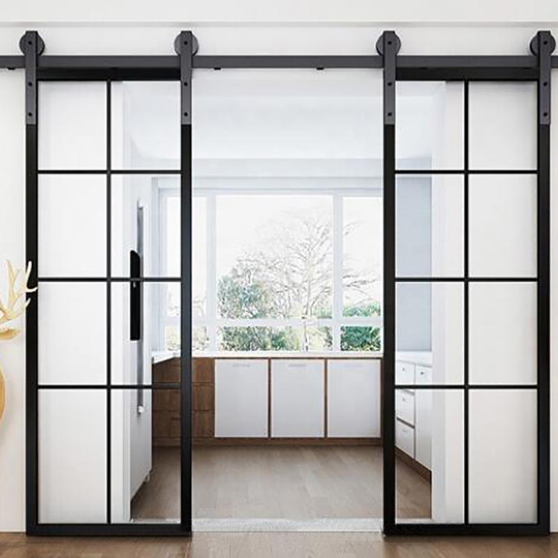 Decorative Black Frames Designed Slide Barn Steel Glass door