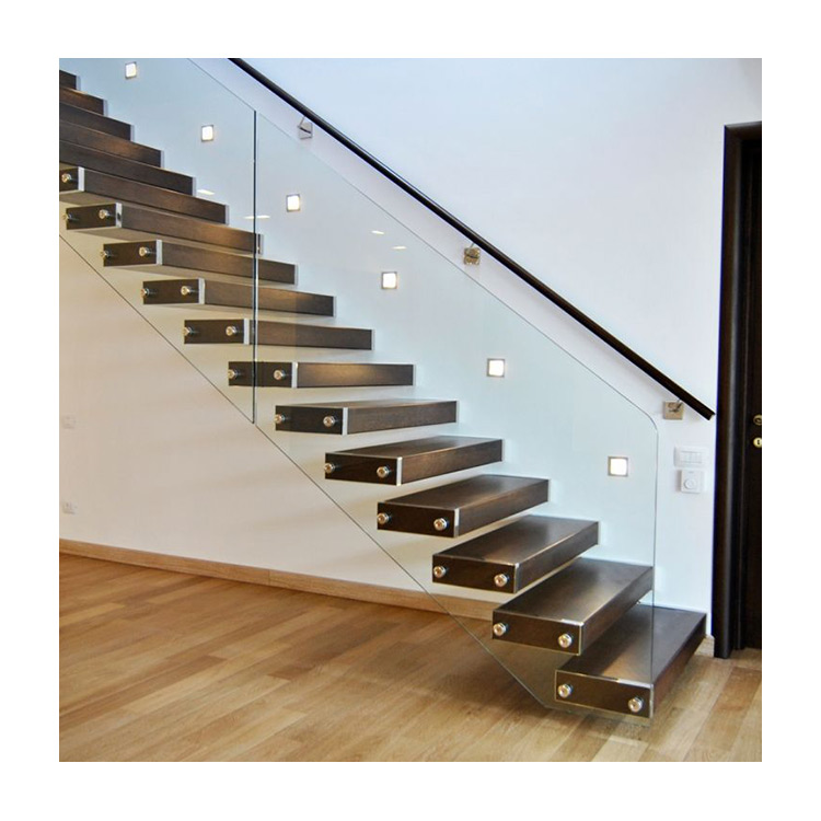Frameless classic floating staircase with timber tread