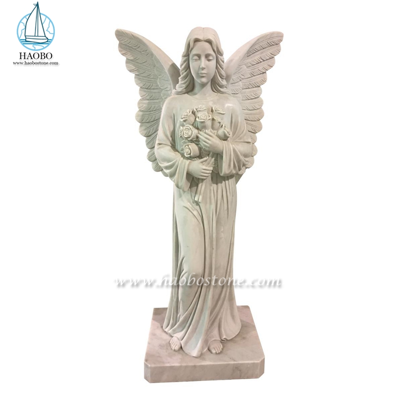 European Style Beige Marble Angel Holding Flowers Statue