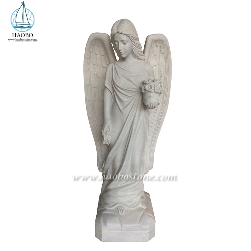 China White Marble Angel Holding Flower Carved Statue