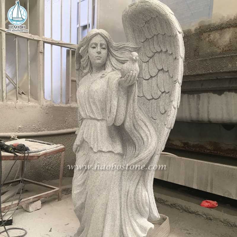 Customized White Granite Angel Holding Dove Statue