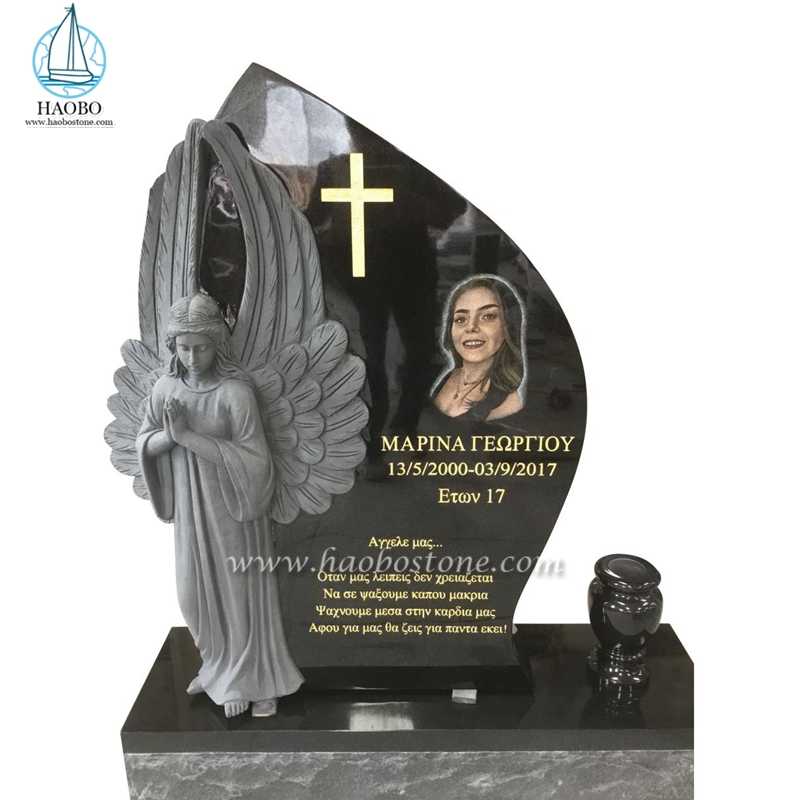 Water drop Shaped India Black Tombstone with Praying Angel Statue