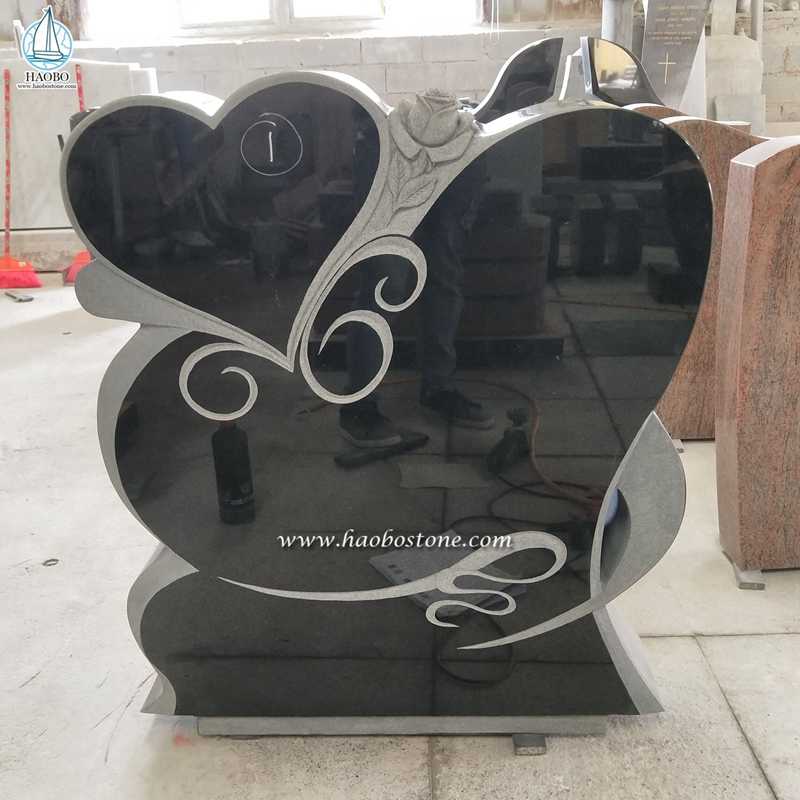 Black Granite Heart Shaped with Rose Engraved Headstone