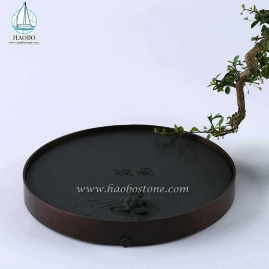Natural Stone Black Granite China Design Carved Stone Tea Tray