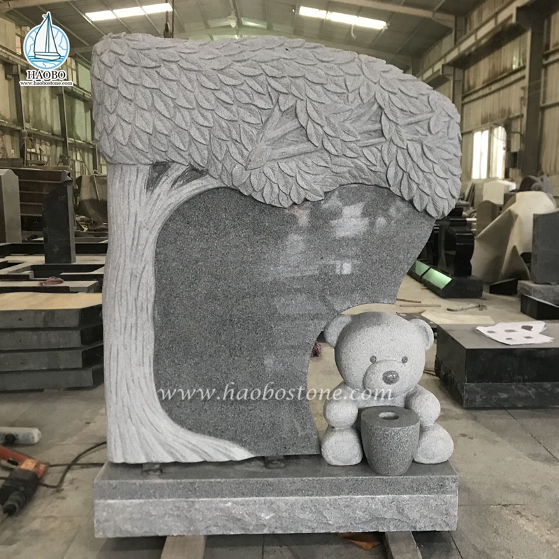 Grey Granite Tree Shaped Teddy Bear Carved Tombstone