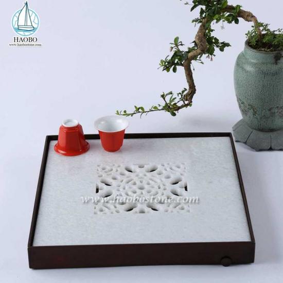 White Marble China Design Hollow Carving Square Stone Tea Tray