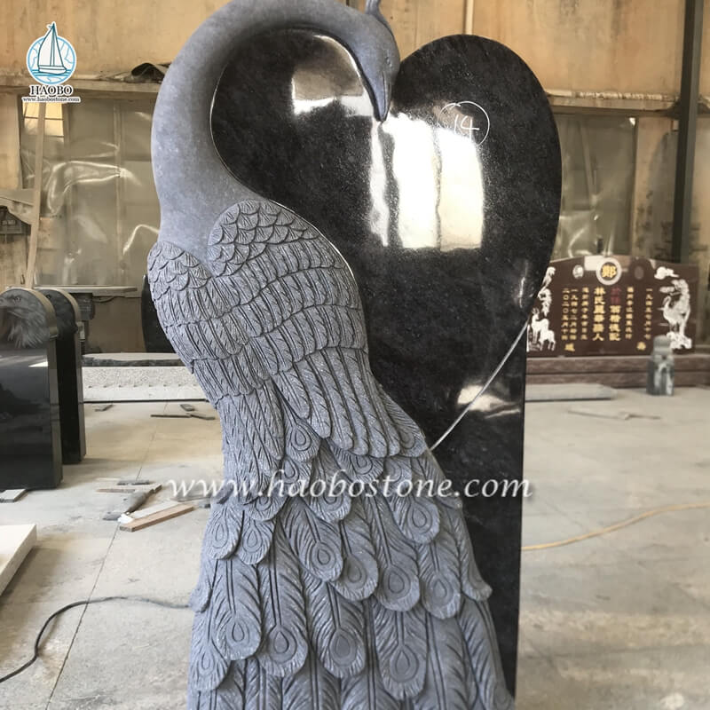 Bahama Blue Granite Heast Shaped Peacock Carved Headstone