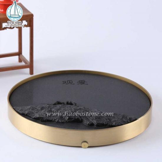 Black Granite China Design Insect Carved Stone Tea Tray