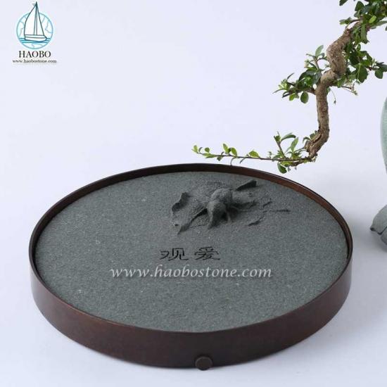 China Grey Granite Round Shaped Insect Carved Stone Tea Tray