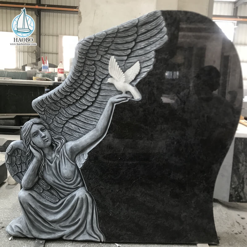 Black Granite Angel with Dove Carved Funeral Tombstone