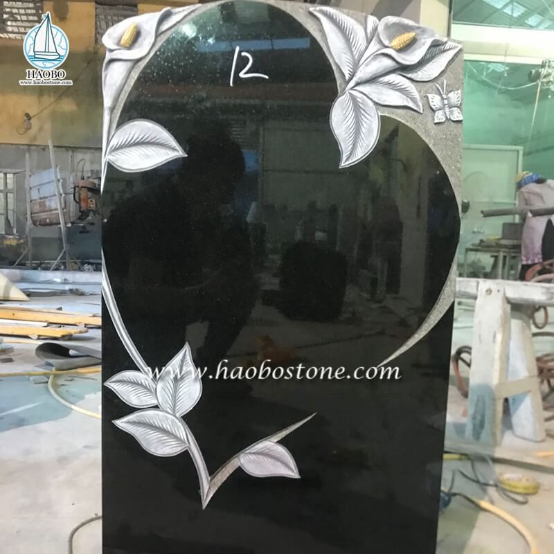 Black Granite Memorial Antique Lily Flower Carved Headstone